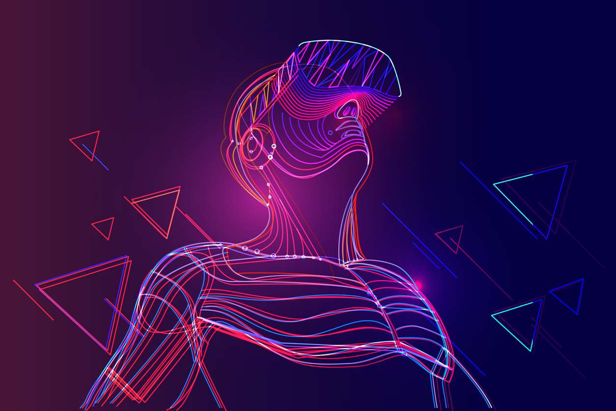 Man wearing virtual reality headset. Abstract vr world with neon lines