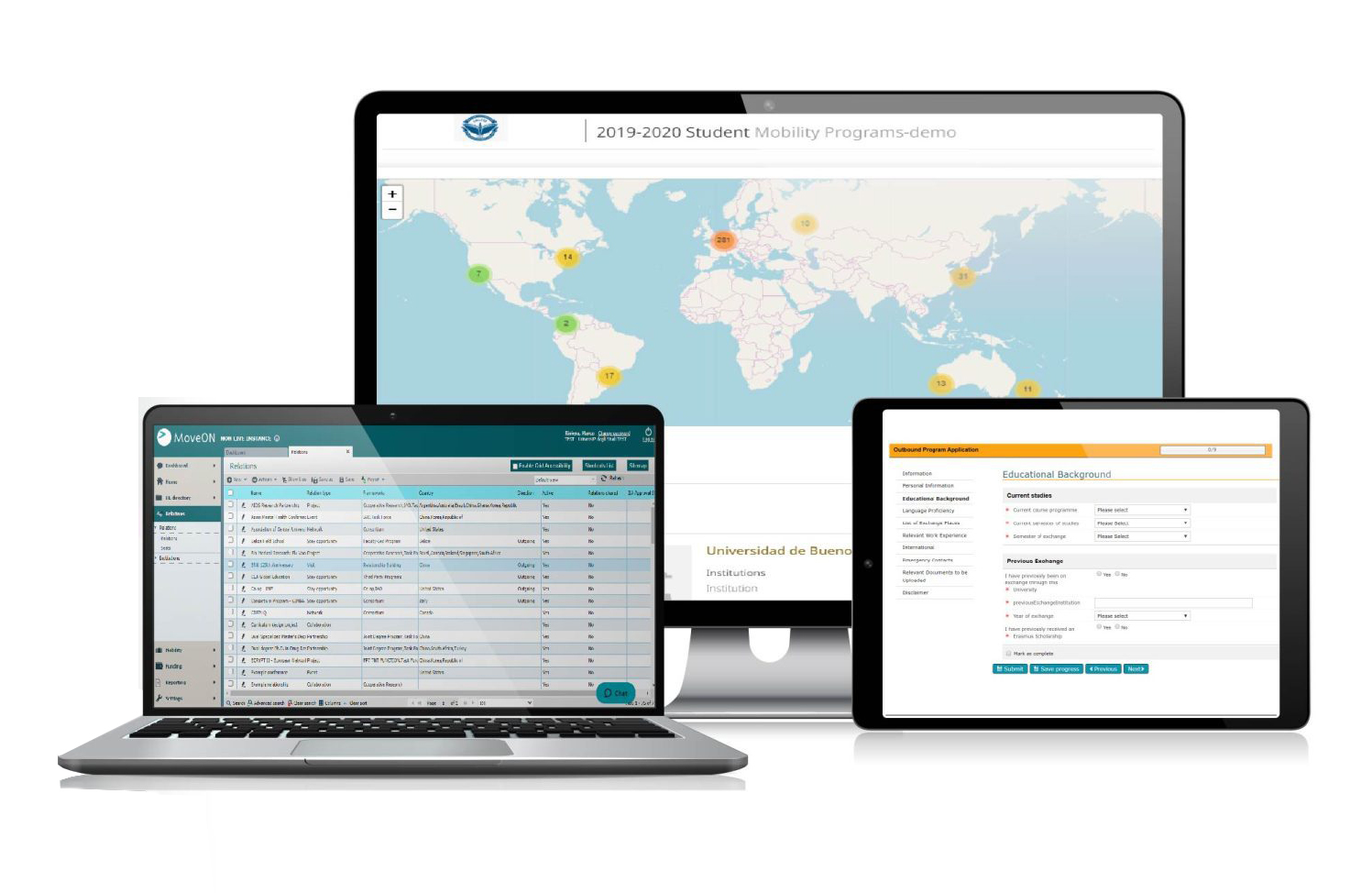 A tablet, laptop and desktop computer each displaying in-depth data and analysis.