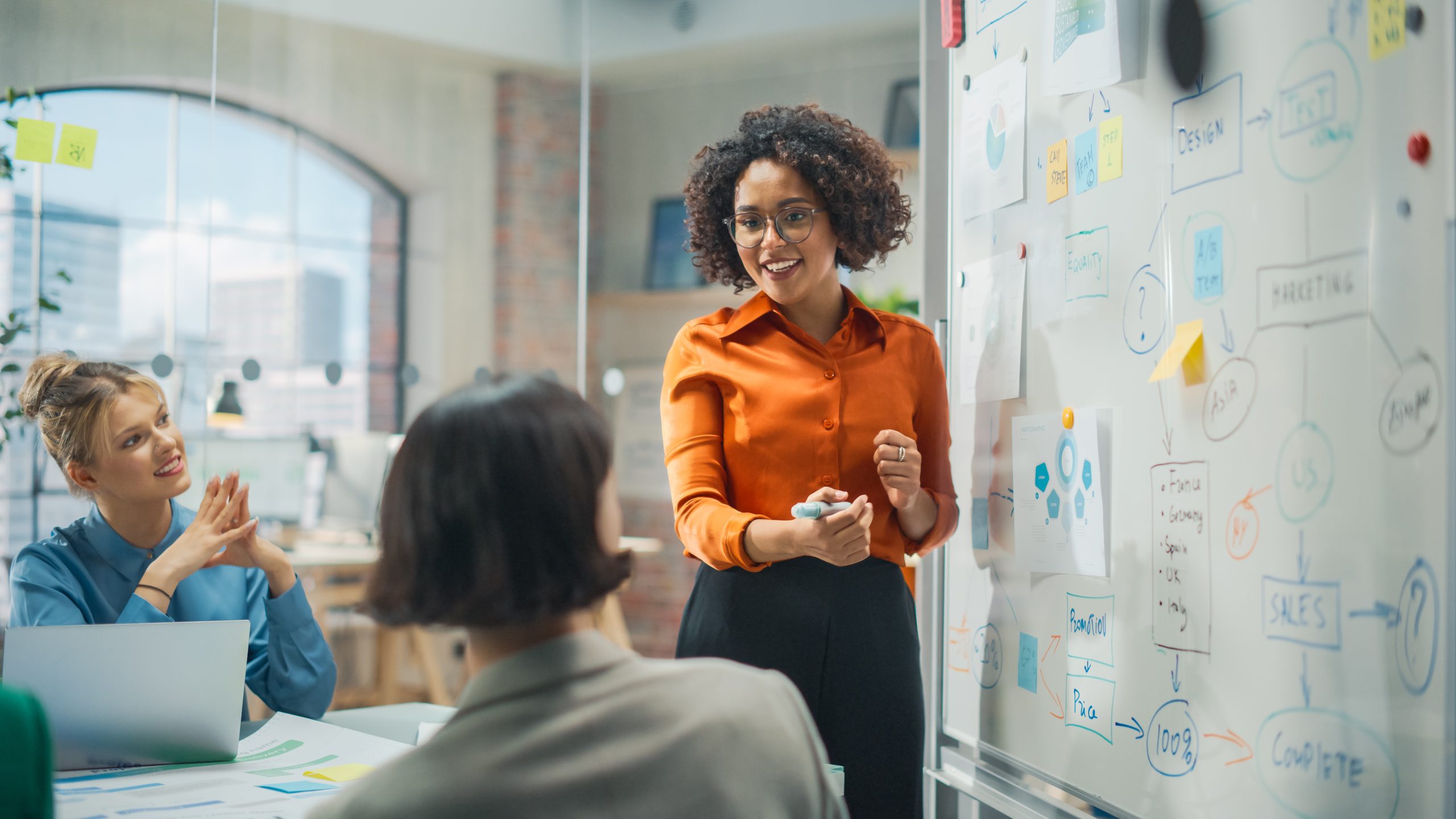 A photograph of a group of colleagues working on a white board of ideas while a woman stands and two women are sat at a table.